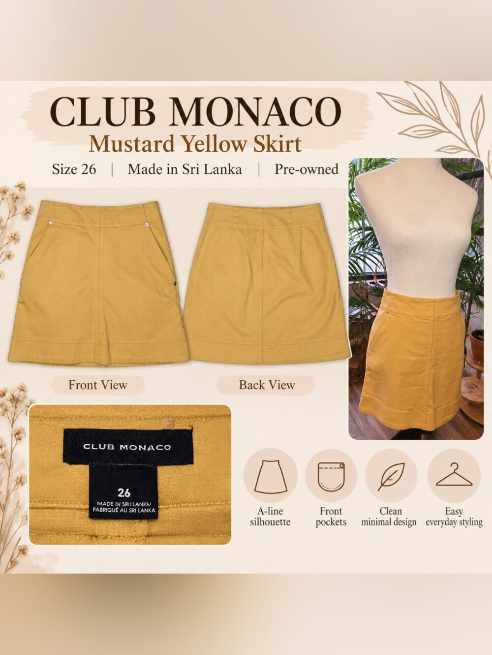 Club Monaco Mustard Yellow A-Line Mini Skirt Size 26